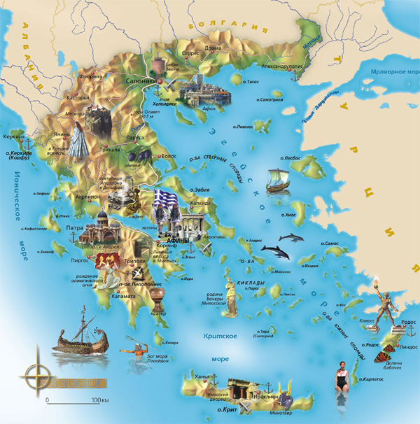 Карта Греции с достопримечательностями